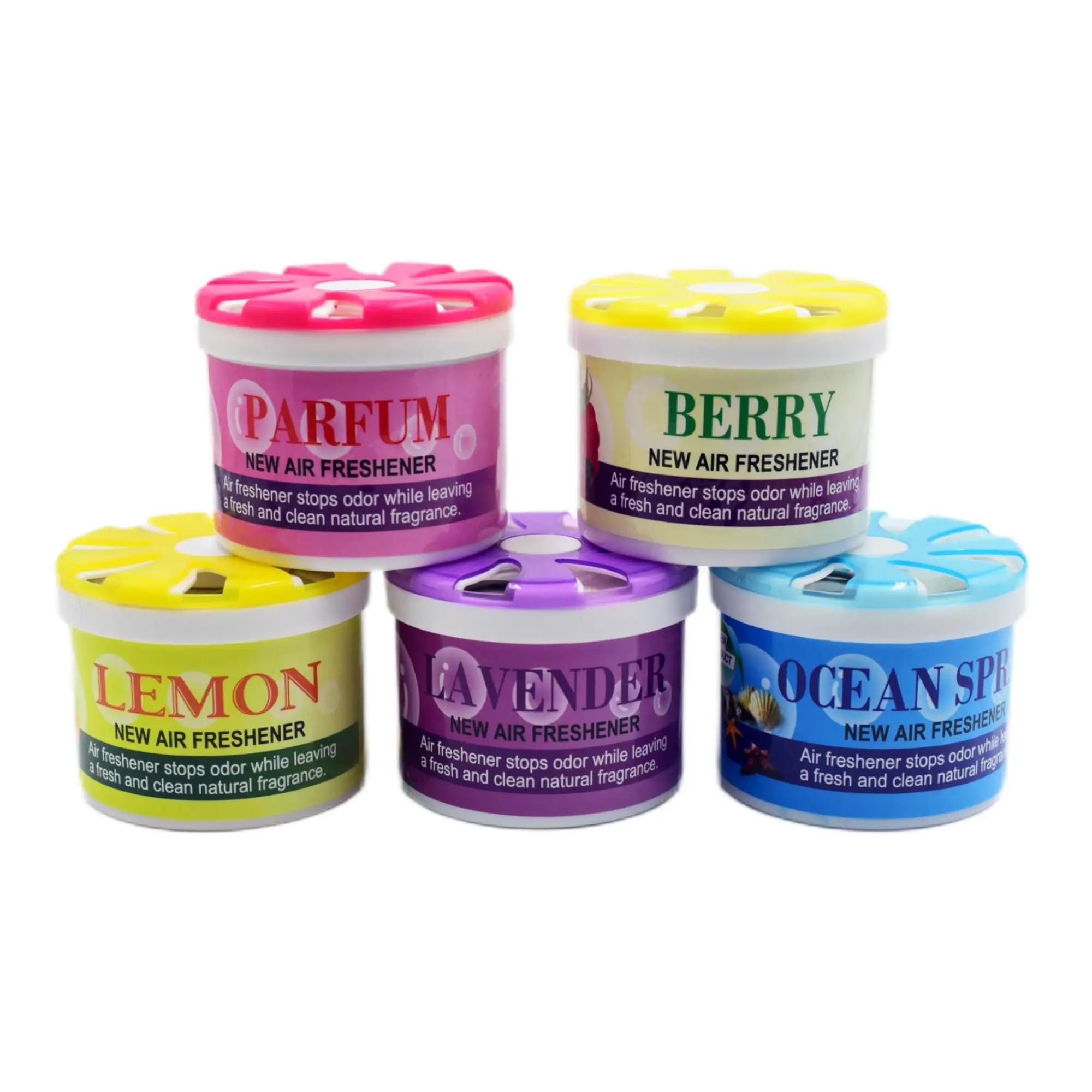 new air fresheners provided by wholesalesupplies.sg, available in 5 scents: lemon, berry, lavender, parfum and ocean spray