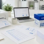 Copy paper vs office paper comparison showing A4 paper, printed documents, laptop and printer for business use.