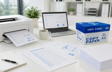 Copy paper vs office paper comparison showing A4 paper, printed documents, laptop and printer for business use.