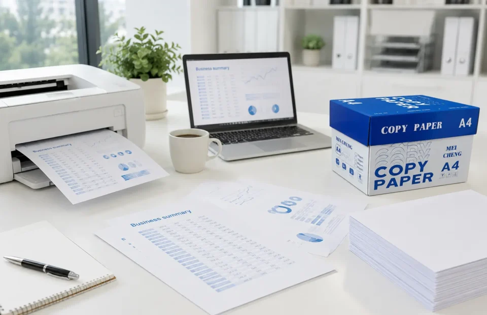 Copy paper vs office paper comparison showing A4 paper, printed documents, laptop and printer for business use.