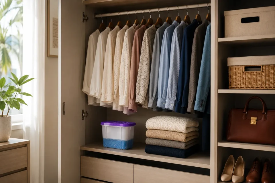 Wardrobe dehumidifier Singapore solution for moisture control inside enclosed clothing storage space