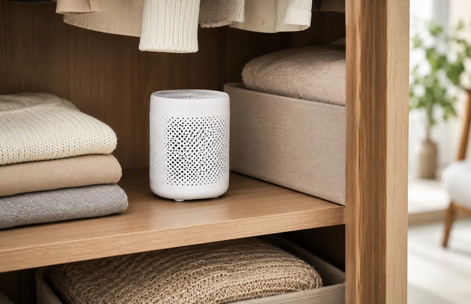 Aromatic dehumidifier Singapore product used in a wardrobe to reduce musty odours and manage moisture.