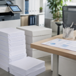 Bulk copy paper being placed into an office printer for daily workplace document printing