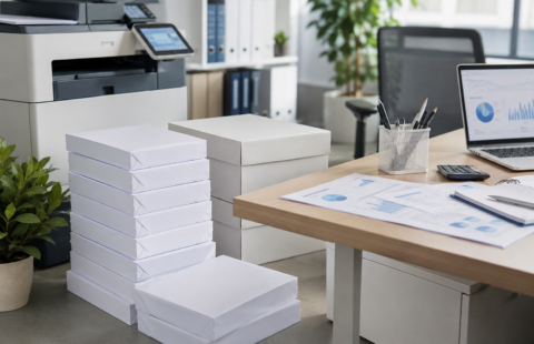 Bulk copy paper being placed into an office printer for daily workplace document printing