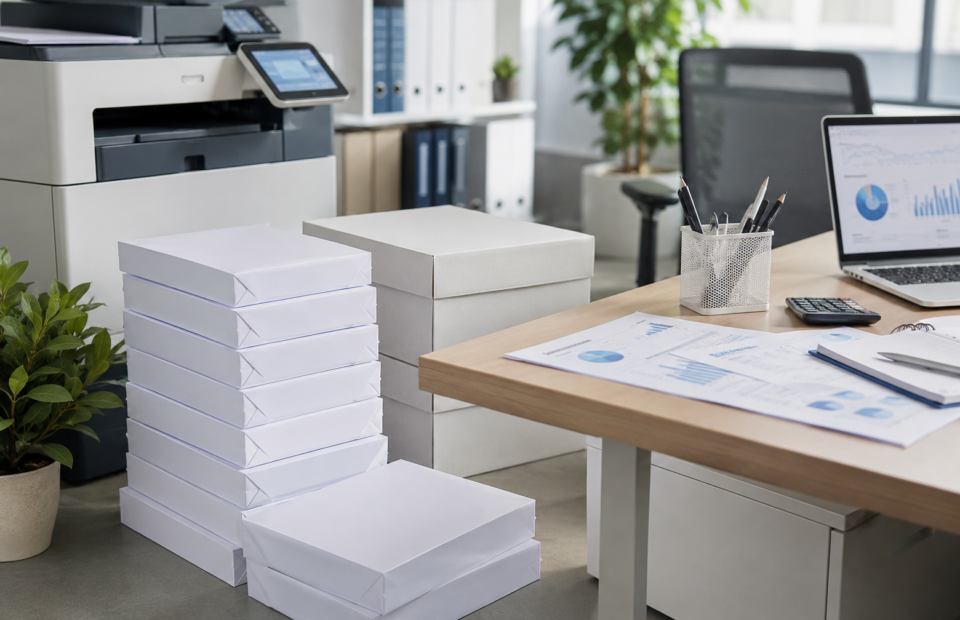 Bulk copy paper being placed into an office printer for daily workplace document printing