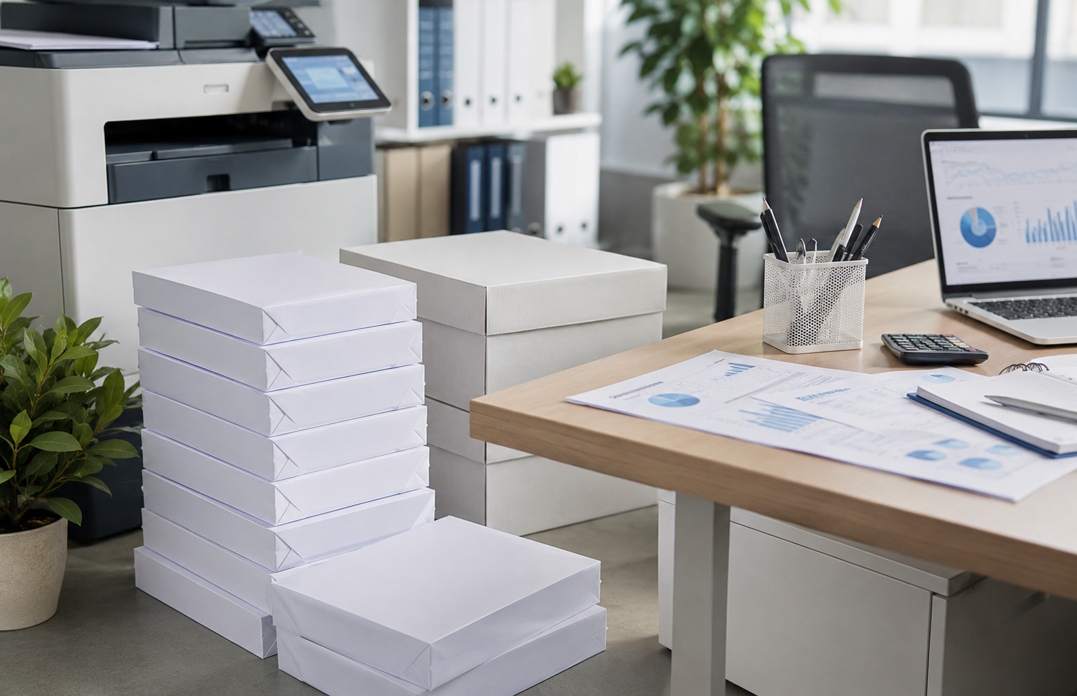 Bulk copy paper being placed into an office printer for daily workplace document printing
