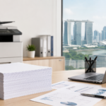 Copy paper Singapore office buying guide with A4 paper, printed documents, laptop and printer for daily workplace use