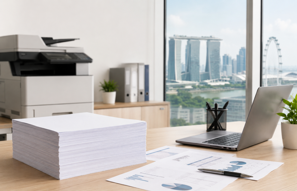 Copy paper Singapore office buying guide with A4 paper, printed documents, laptop and printer for daily workplace use