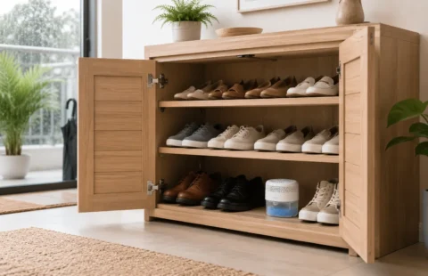 Shoe cabinet dehumidifier Singapore solution for keeping footwear dry in enclosed storage spaces.