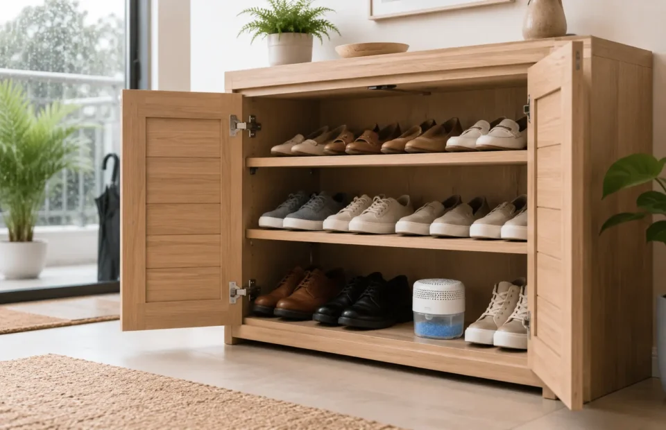 Shoe cabinet dehumidifier Singapore solution for keeping footwear dry in enclosed storage spaces.
