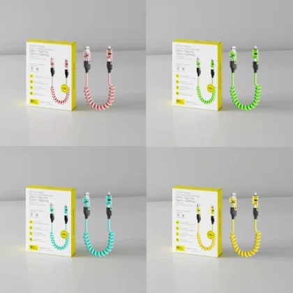 4-in-1 coiled charging cable in blue, green, pink and yellow.