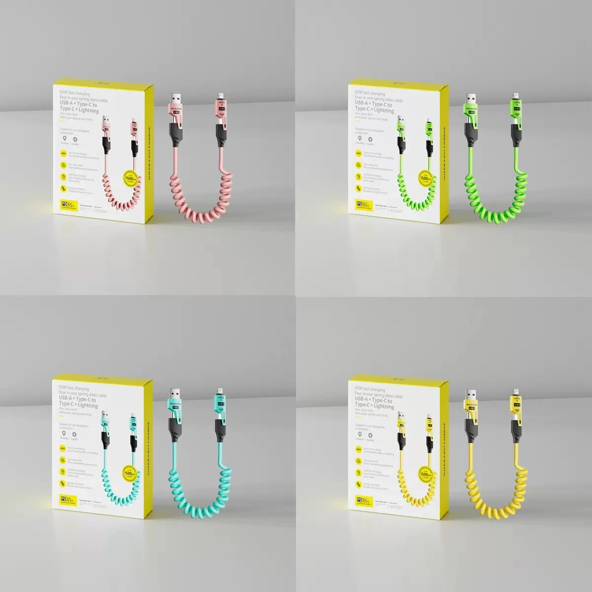 4-in-1 coiled charging cable in blue, green, pink and yellow.