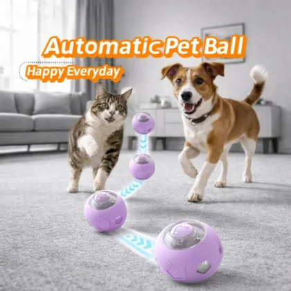 Automatic interactive pet ball for dogs and cats.
