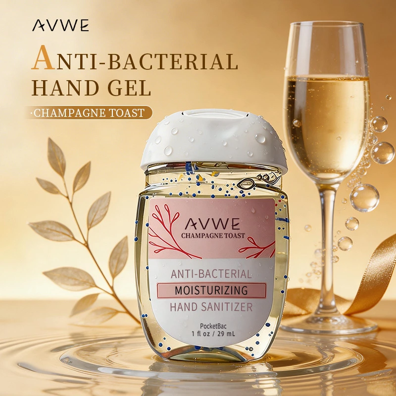 AVWE anti-bacterial pocket hand sanitiser gel 29ml in Champagne Toast scent