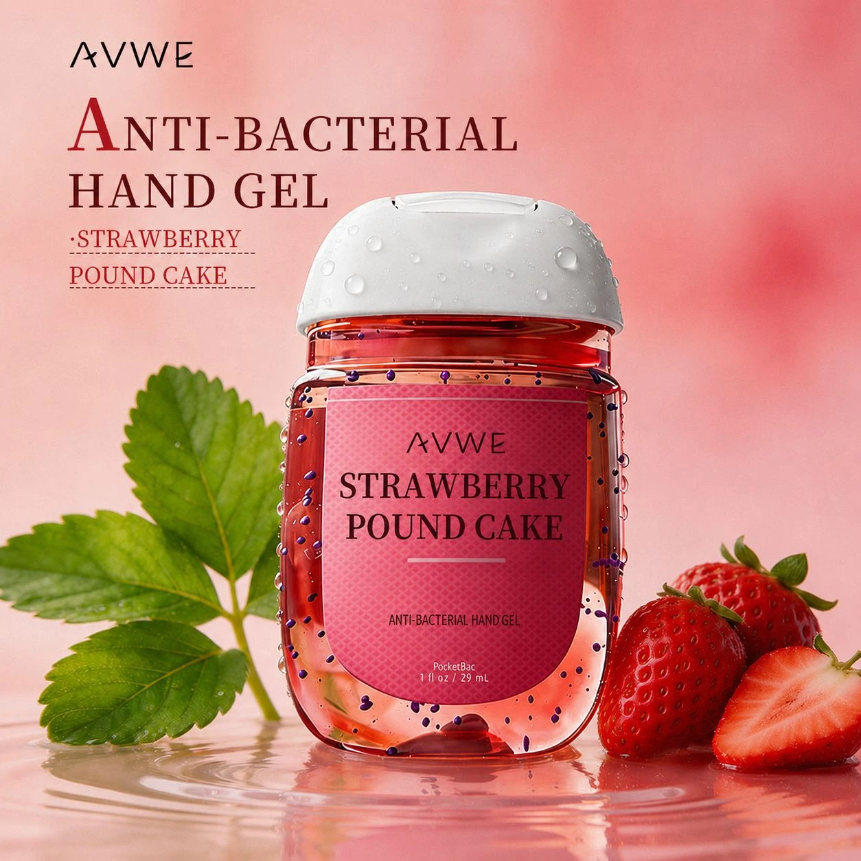 AVWE anti-bacterial pocket hand sanitiser gel 29ml in Strawberry Pound Cake scent