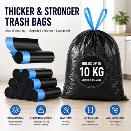 Black drawstring rubbish bags with blue drawstring supplied in rolls.
