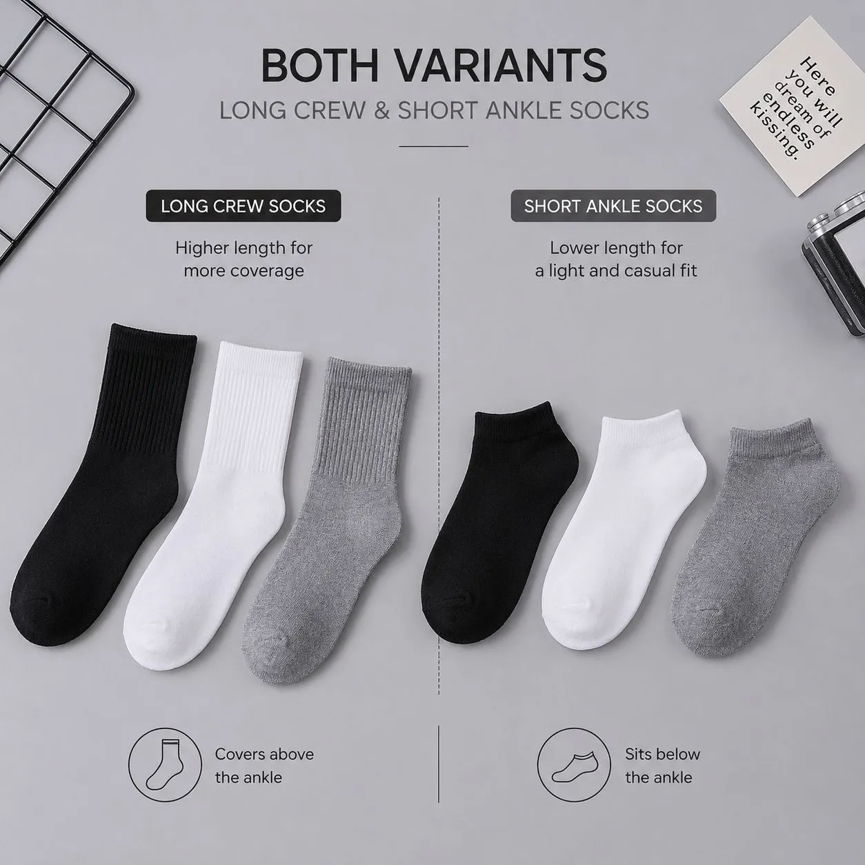 Long crew and short ankle socks in black white and grey