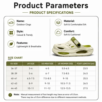 EVA outdoor clogs size guide EU 36 to 45.