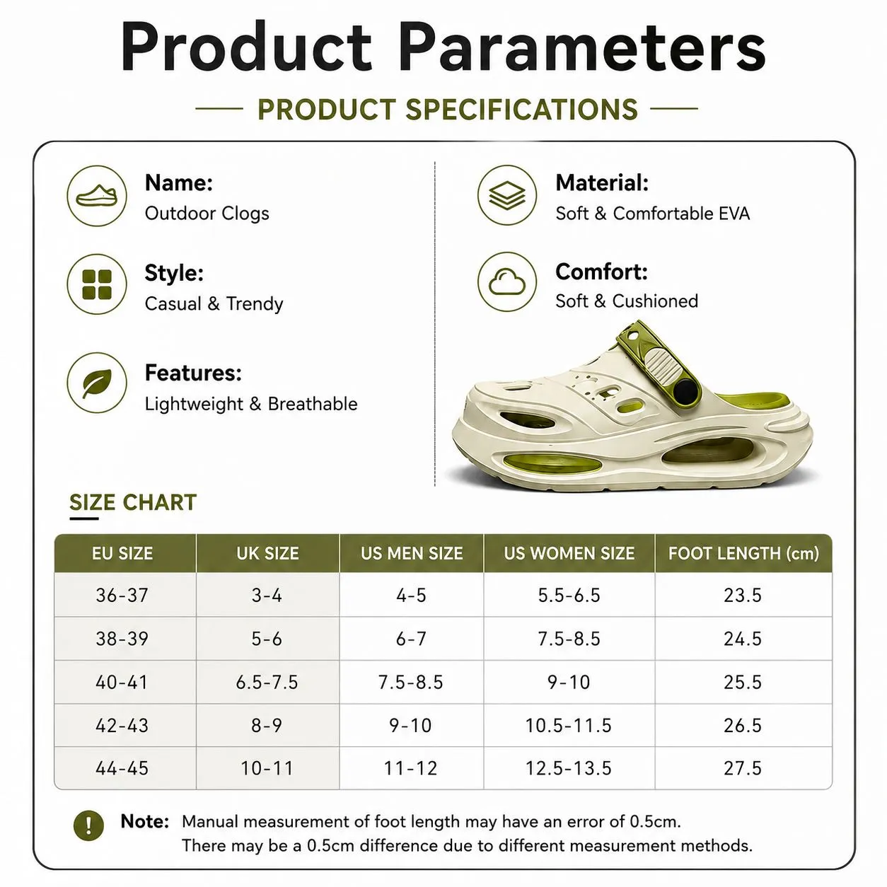 EVA outdoor clogs size guide EU 36 to 45.