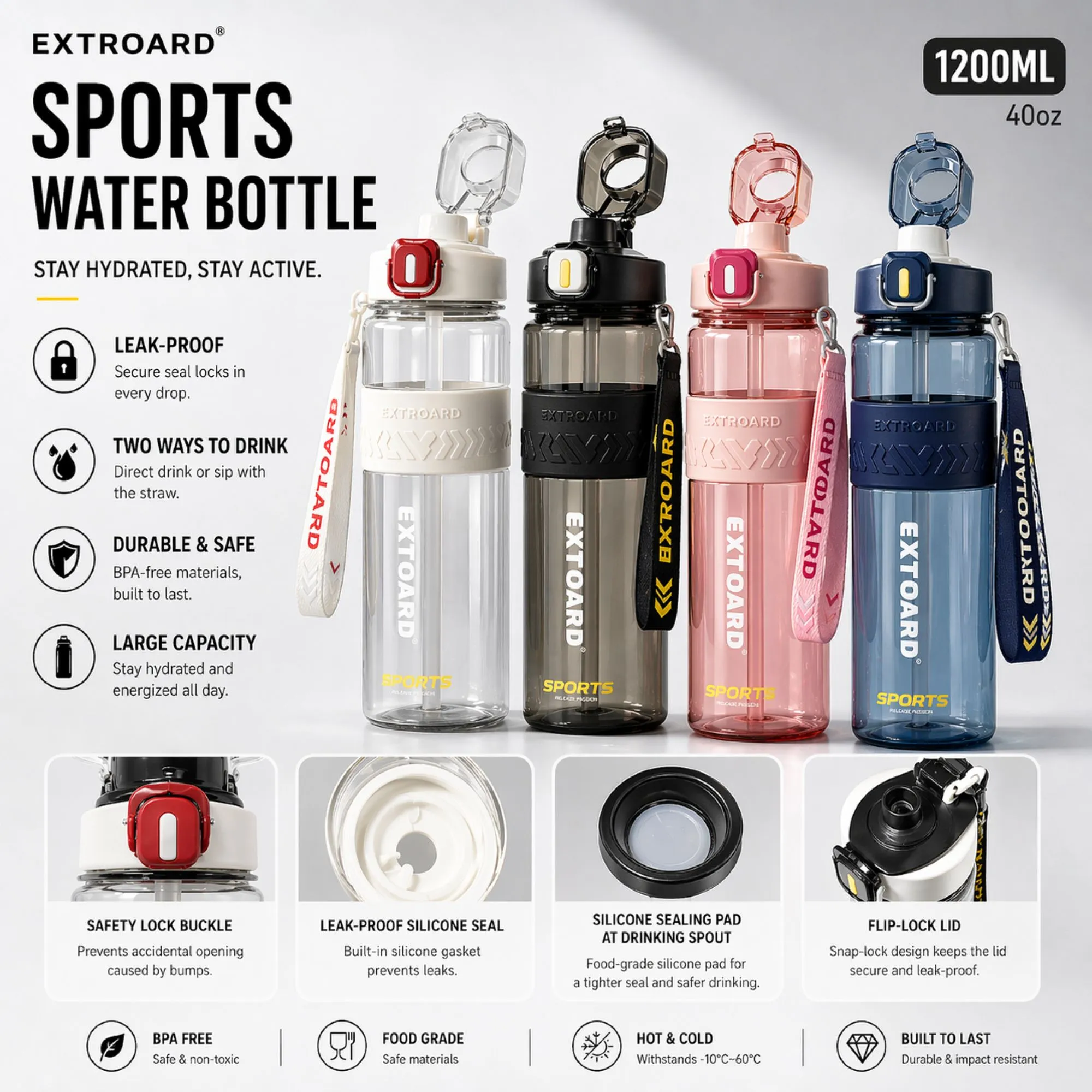 EXTROARD 1200ml Sports Water Bottle with Straw