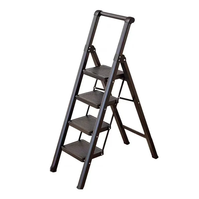 Black foldable step ladder with extended top handle.