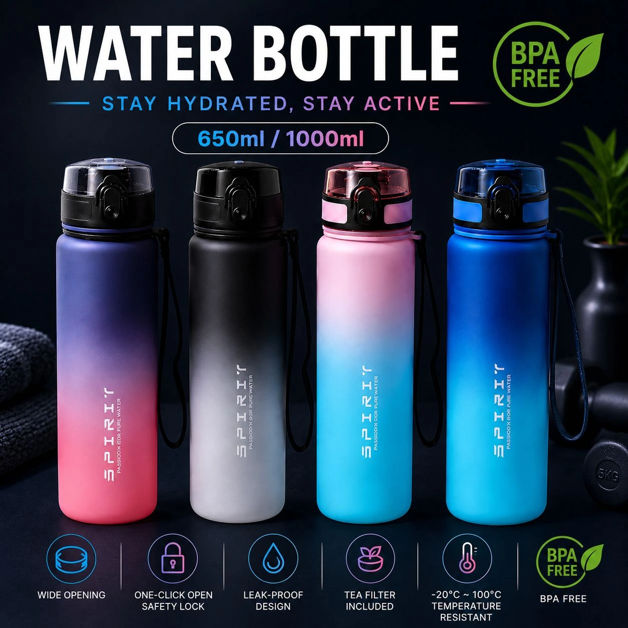 Gradient sports water bottles in four colours