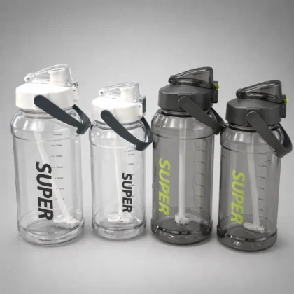 Grey 1.5L large capacity water bottle with straw and carry handle.