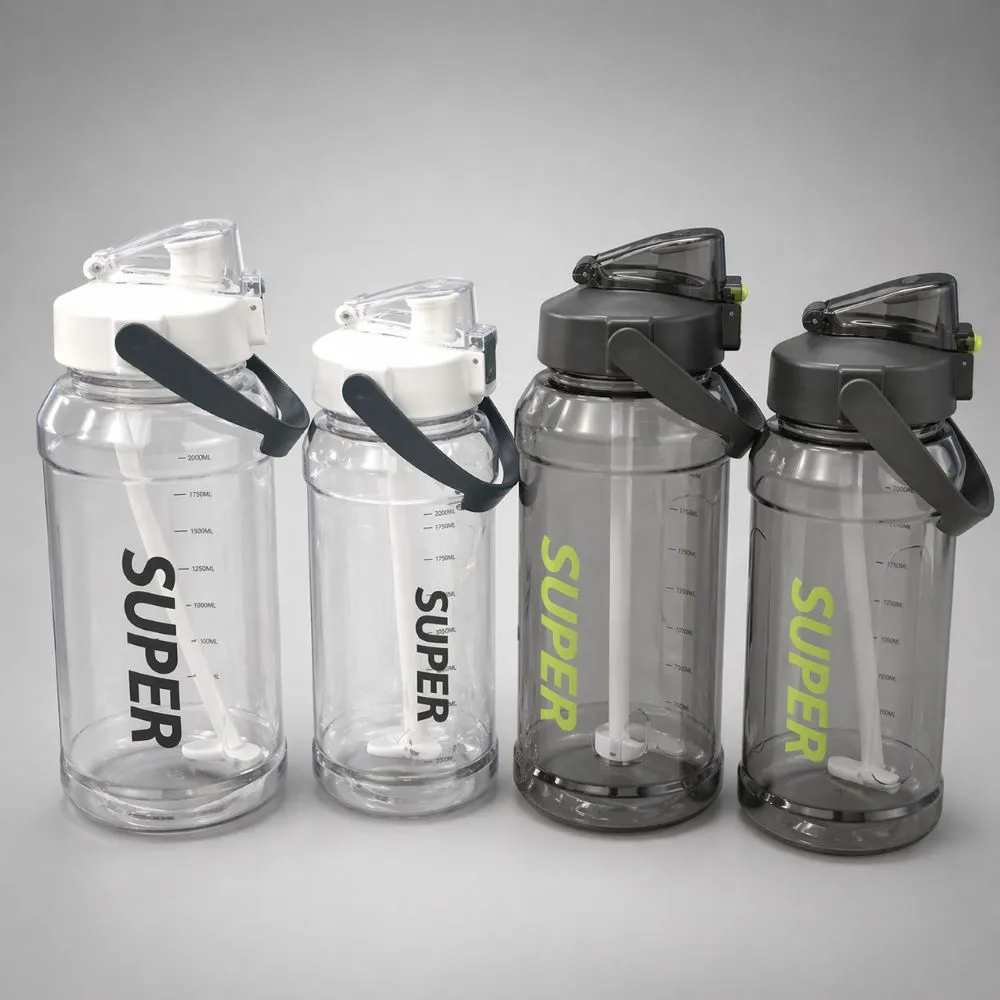 Grey 1.5L large capacity water bottle with straw and carry handle.