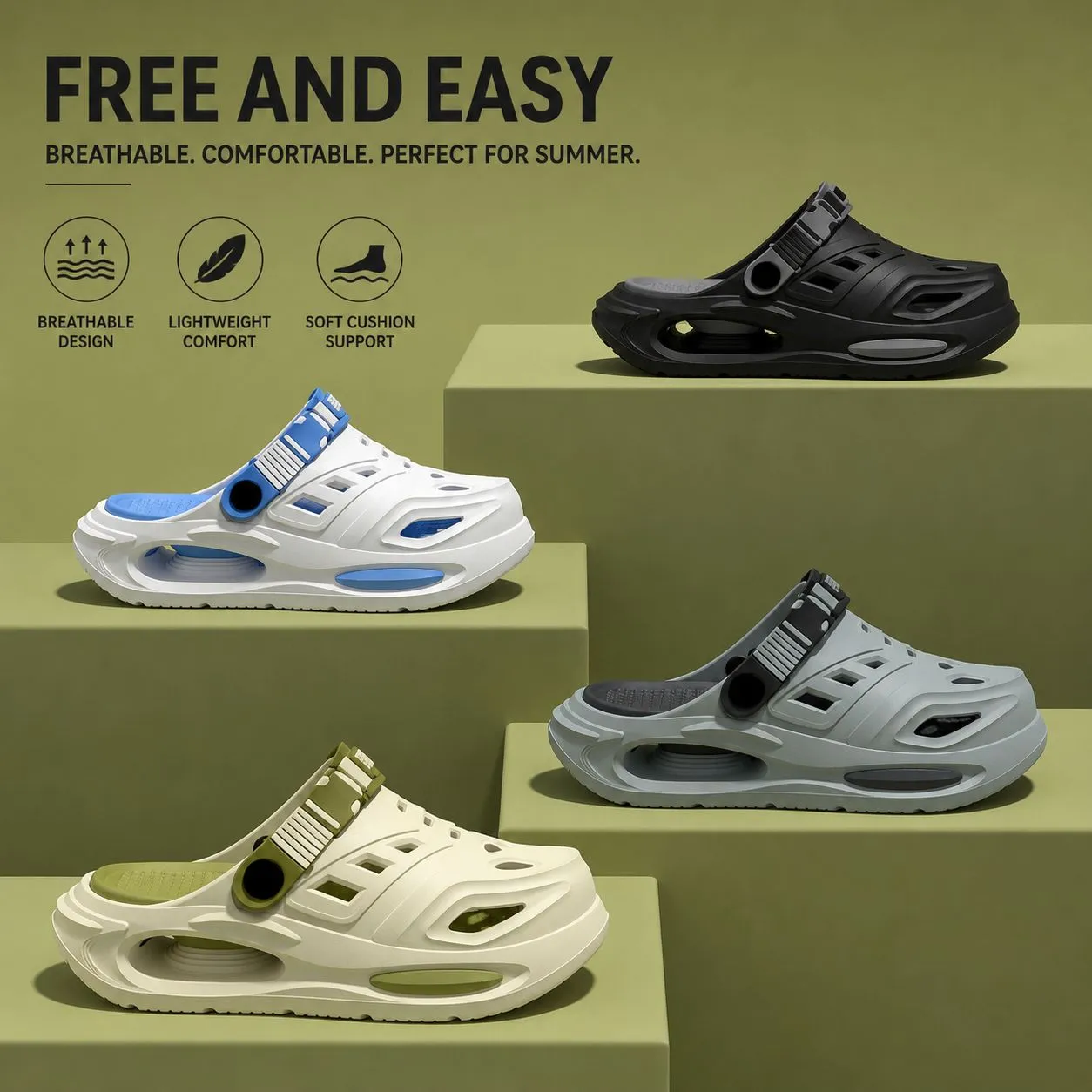 Lightweight EVA outdoor clogs in four colour options.