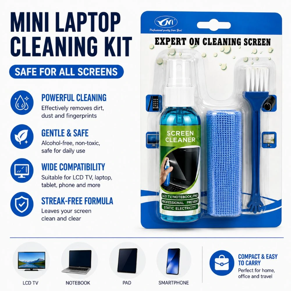 50ml mini screen cleaning kit with spray, microfibre cloth and dual-use brush