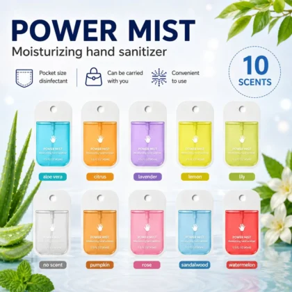 Power Mist 45ml moisturising hand sanitiser sprays in 10 scents.