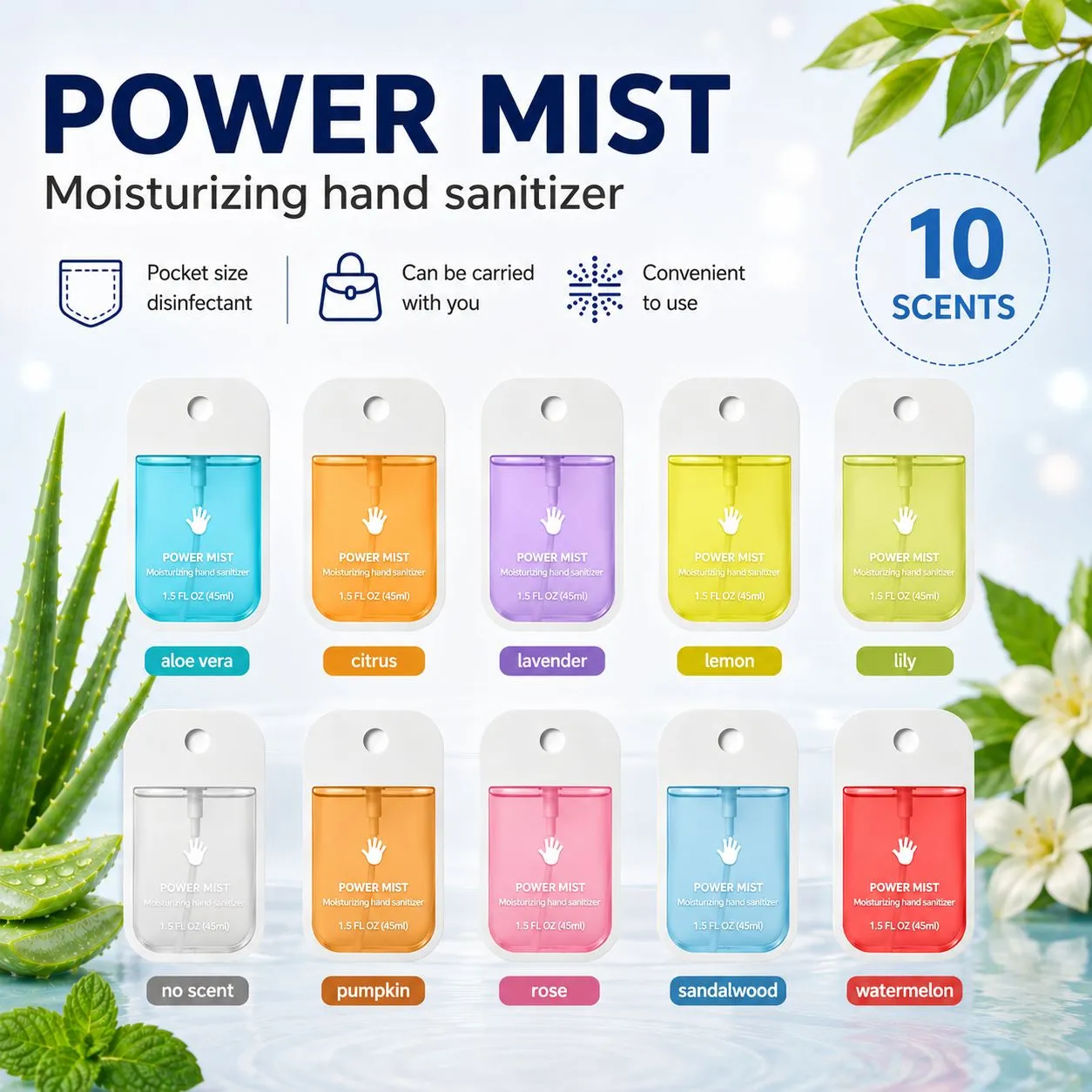 Power Mist 45ml moisturising hand sanitiser sprays in 10 scents.