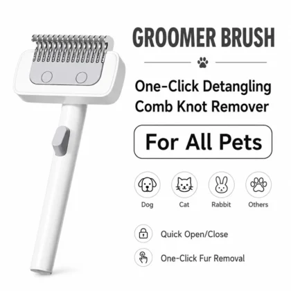 One-click pet deshedding grooming brush for dogs cats and rabbits.