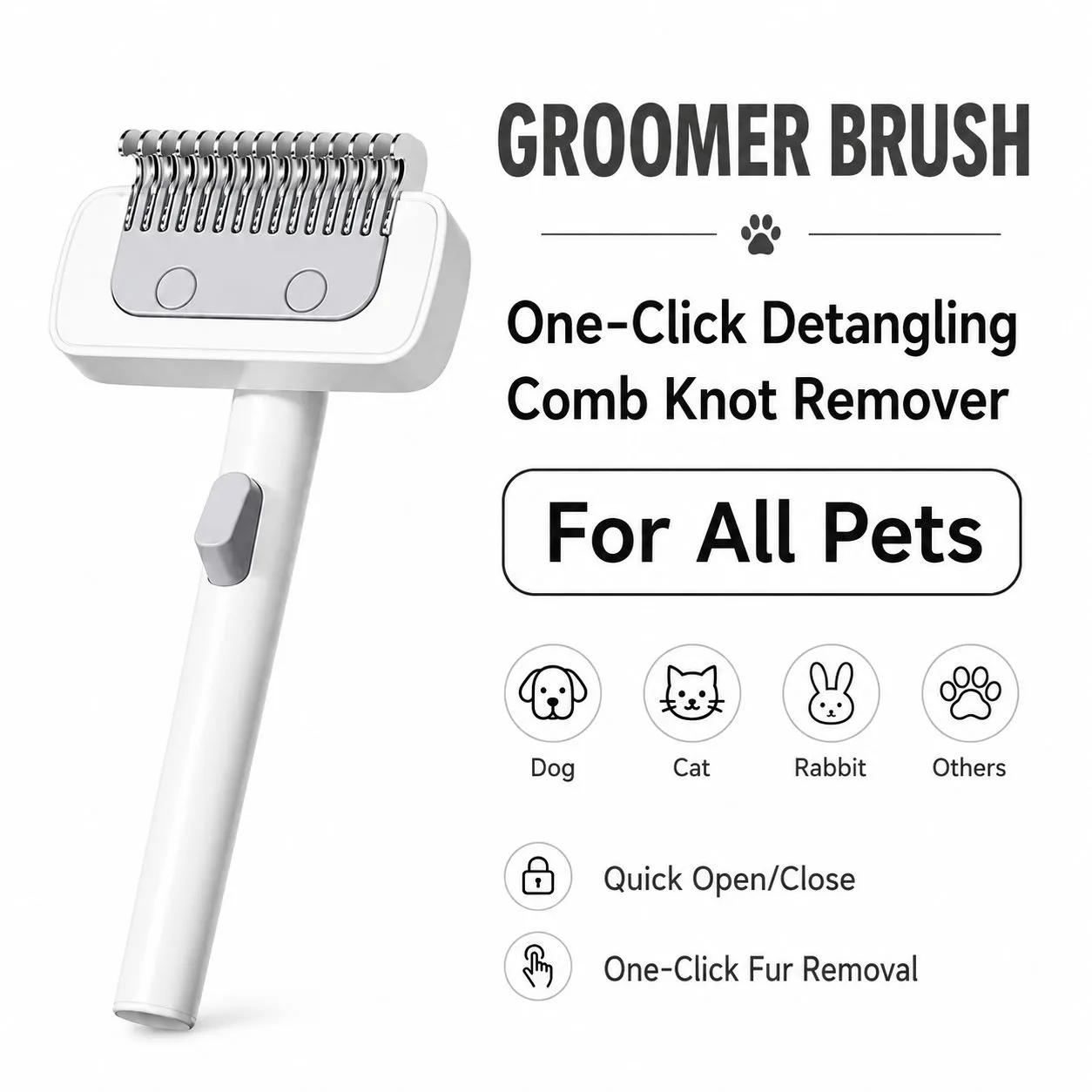 One-click pet deshedding grooming brush for dogs cats and rabbits.
