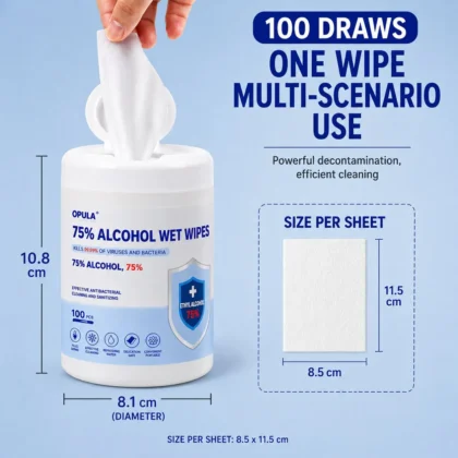 OPULA 75% alcohol wet wipes 100-wipe canister with sheet size