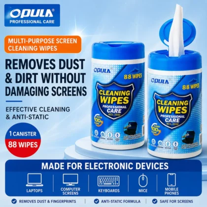 OPULA multi-purpose screen cleaning wipes 88-wipe canister for electronic devices.
