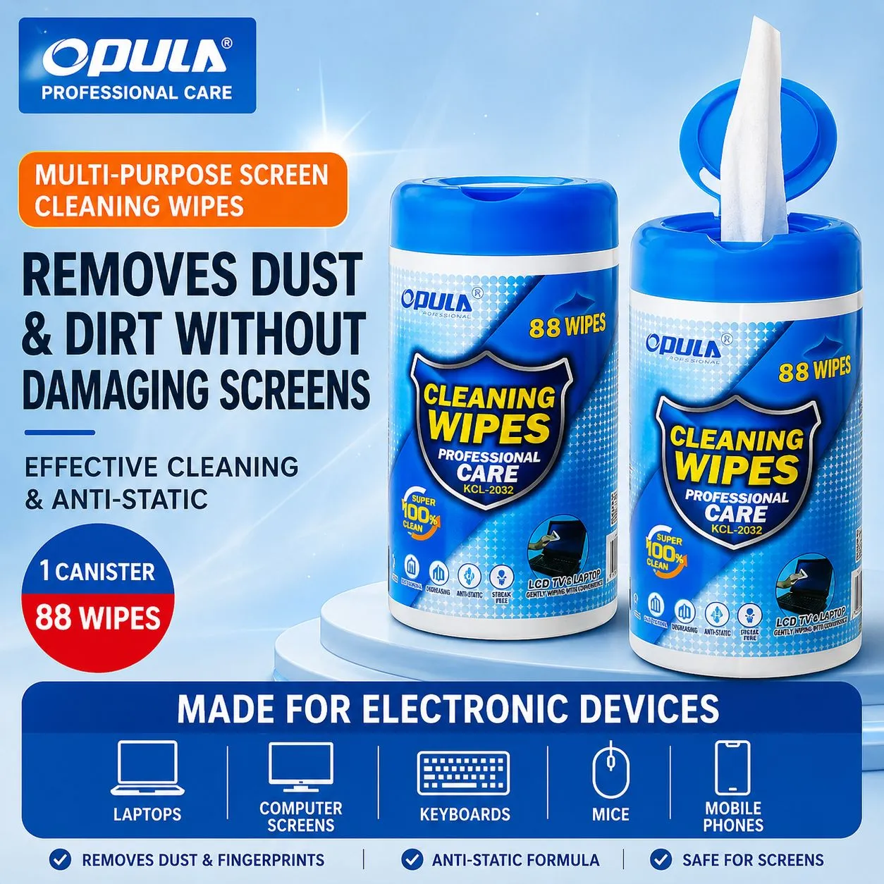 OPULA multi-purpose screen cleaning wipes 88-wipe canister for electronic devices.