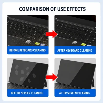 Before and after cleaning comparison on keyboard and screen surfaces