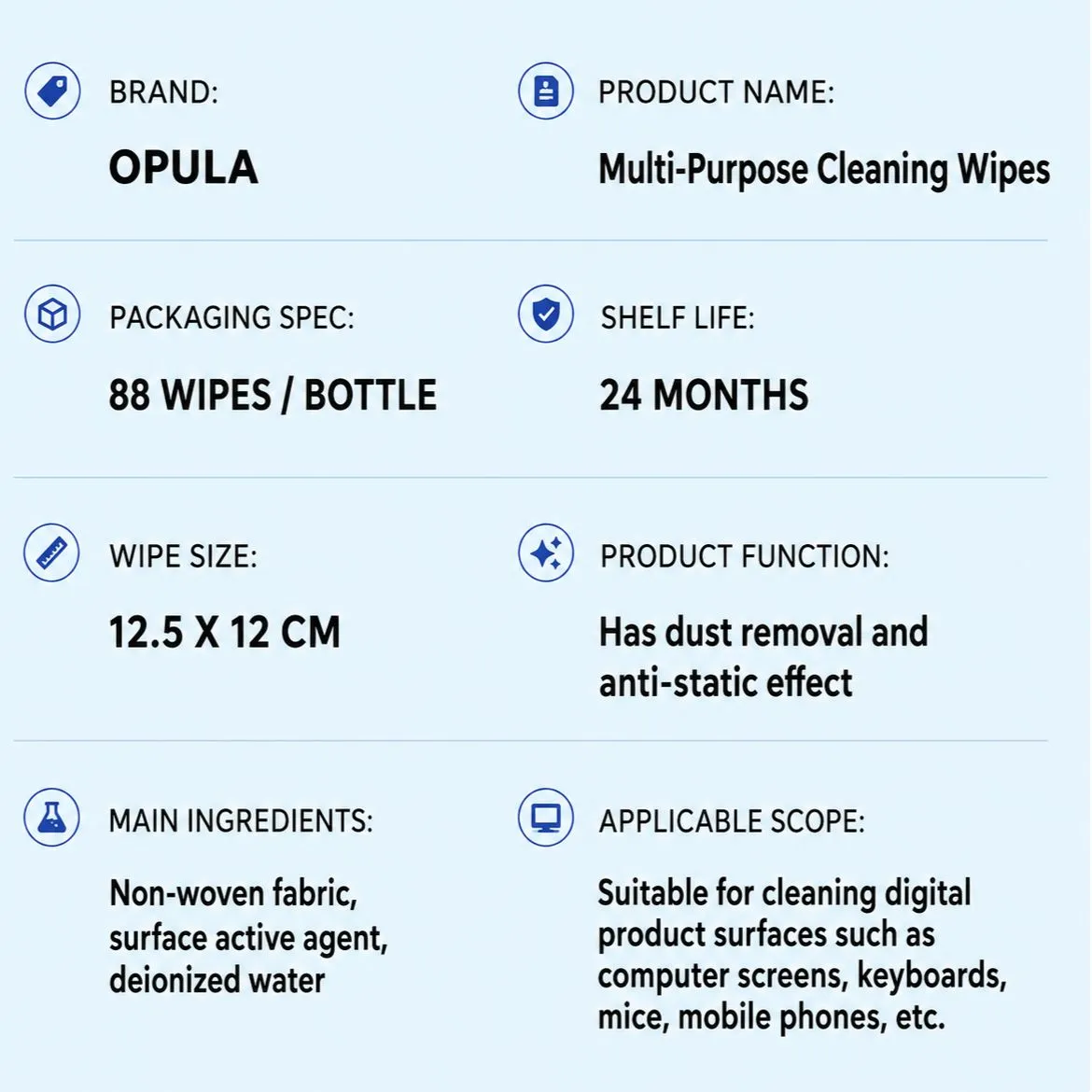 OPULA screen cleaning wipes product specifications and 88-wipe canister details