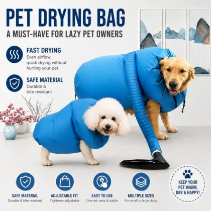 Blue pet drying bag with blower hose for dogs