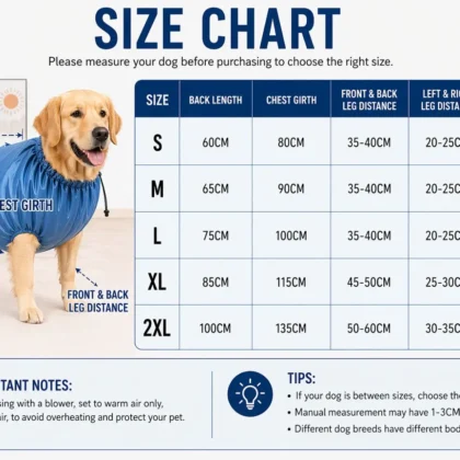 Pet drying bag size chart from S to 2XL.