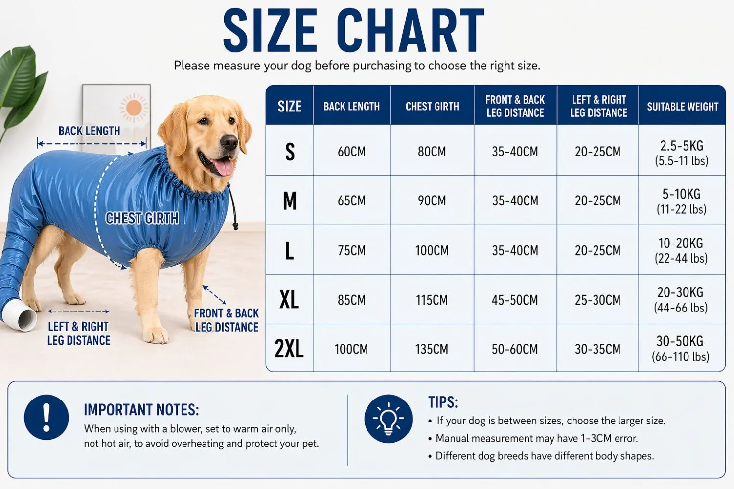 pet-drying-bag-size-chart Pet drying bag size chart from S to 2XL.