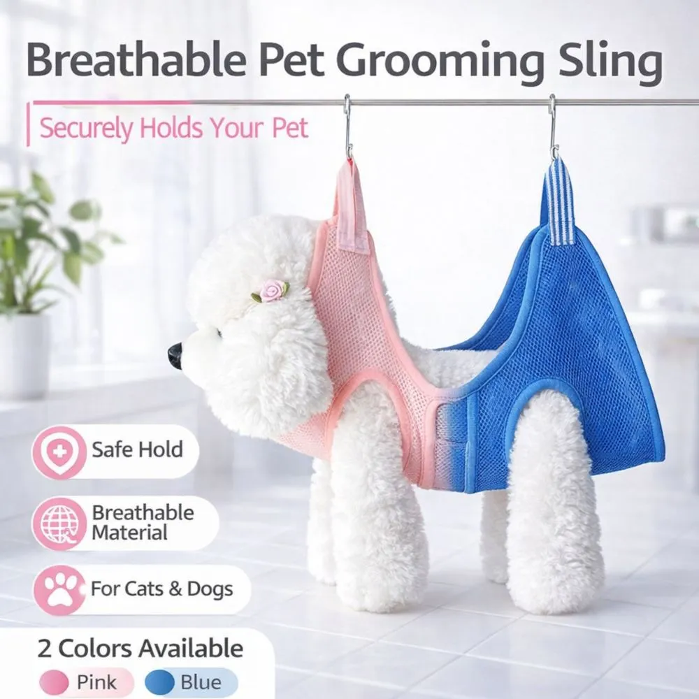 Pet grooming sling supporting a dog during grooming.