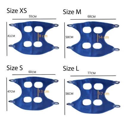 Pet grooming sling size chart from XS to L