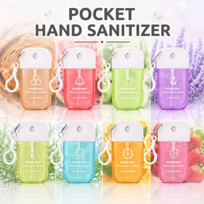 Pocket 45ml hand sanitiser sprays in assorted scents with carry loops.