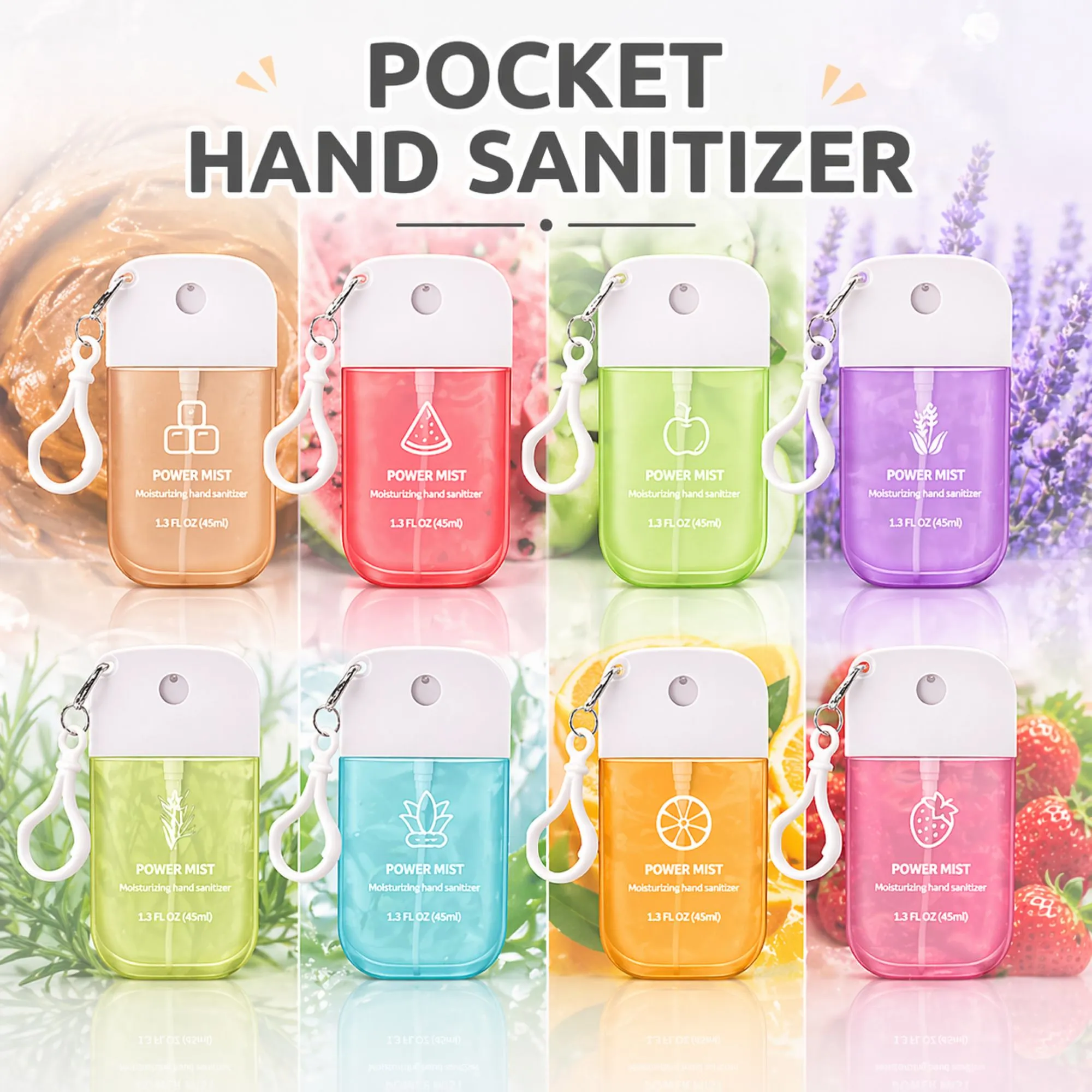 Pocket 45ml hand sanitiser sprays in assorted scents with carry loops.