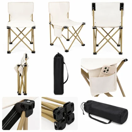 Portable foldable camping chair with carry bag and side pocket.