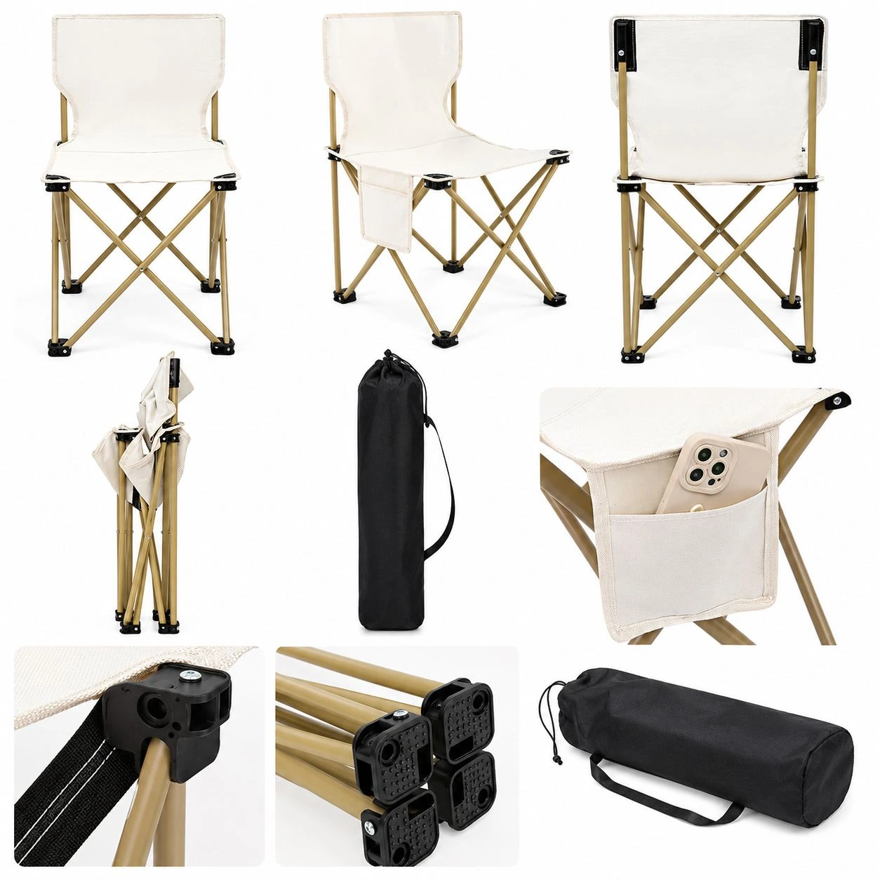 Portable foldable camping chair with carry bag and side pocket.