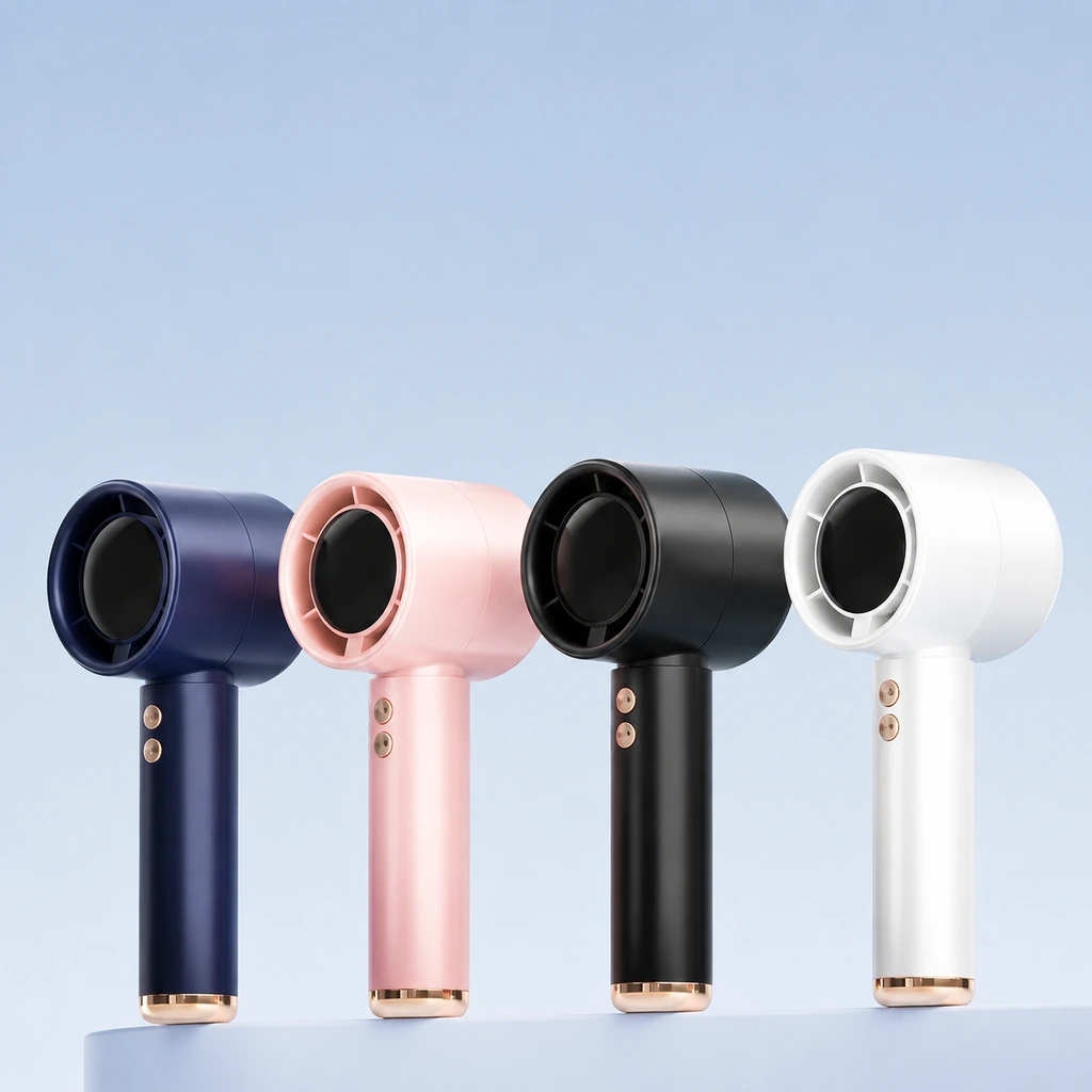 Portable handheld mini fan in blue, pink, black and white.
