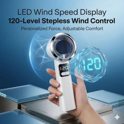 portable handheld mini fan 120 speed. available in brown, green and grey